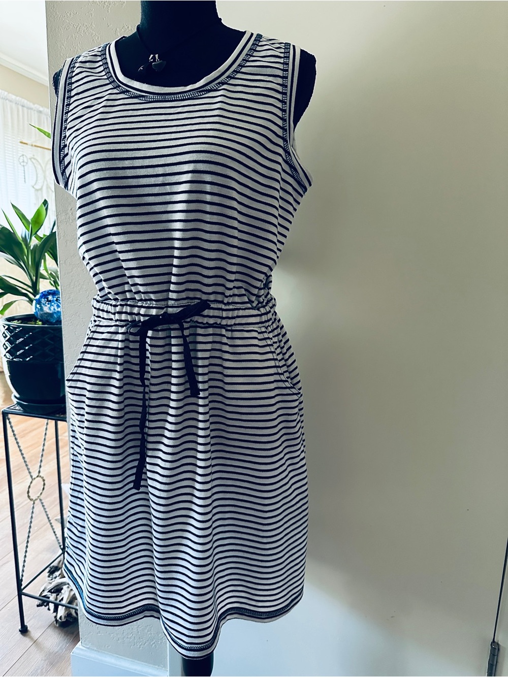 Kiwi & Punch Sleeveless Mini Dress- Medium-Black & White Striped Drawstring